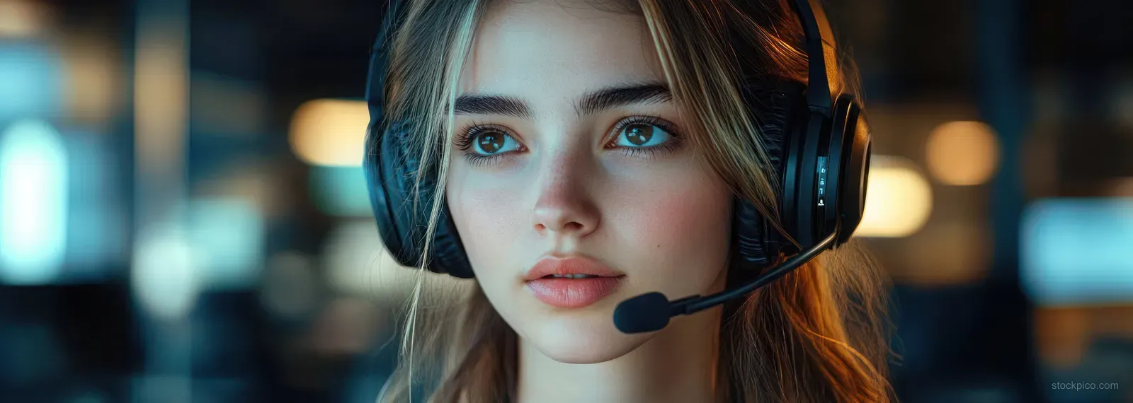 A young woman wearing a headset with microphone listens calmly in a softly lit office with blurred background lights.