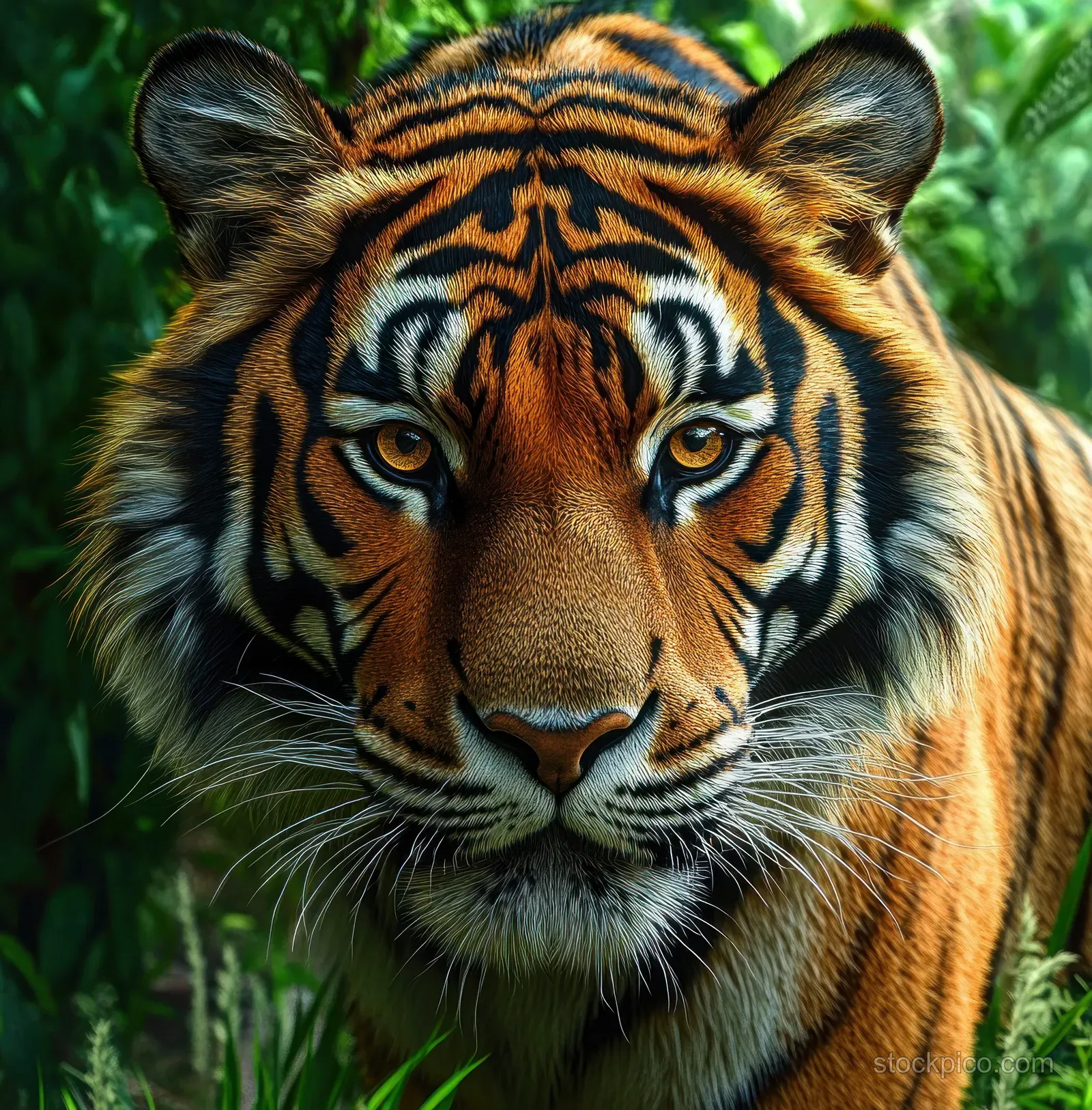 An orange tiger moves through green leaves, its blue eyes focused and whiskers visible.