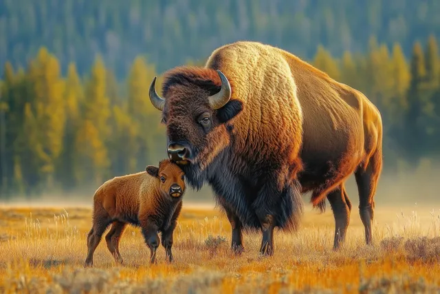 Bison and calf standing together in a sunlit summer field