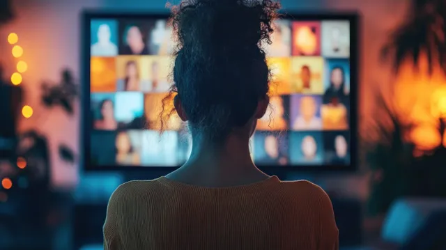Person with curly hair from behind attending a virtual video call on a large screen