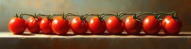 Row of fresh red tomatoes on a dark surface with glossy highlights