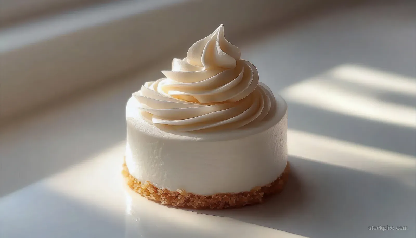 A small round cakelet with smooth white frosting and a cream swirl on a reflective white surface under soft natural light.