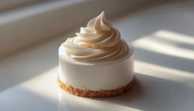 A small round cakelet with smooth white frosting and a cream swirl on a reflective white surface under soft natural light.