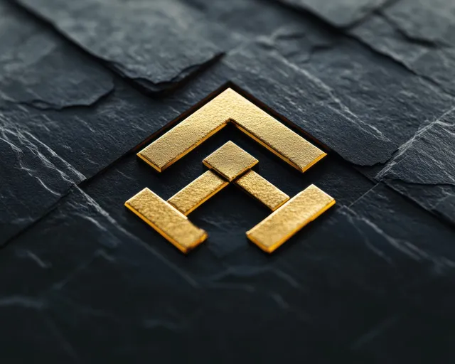 A golden geometric emblem rests on a dark textured stone surface under dramatic lighting.