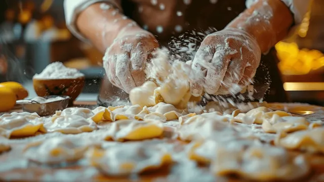 Gloved hands shape pierogi dumplings on a flour-dusted table in a workshop kitchen.