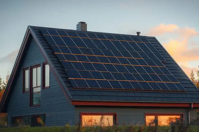 A modern house roof covered with solar panels reflects sunset light in its windows amid trees.