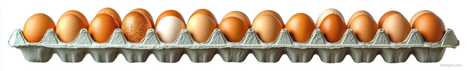 Twelve brown eggs in an egg tray arranged in a single row on a white background.