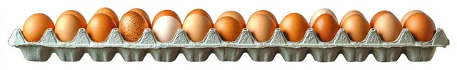 Twelve brown eggs in an egg tray arranged in a single row on a white background.