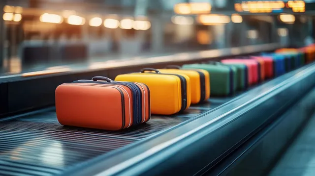 Colorful suitcases travel on an airport conveyor belt under bright terminal lights.