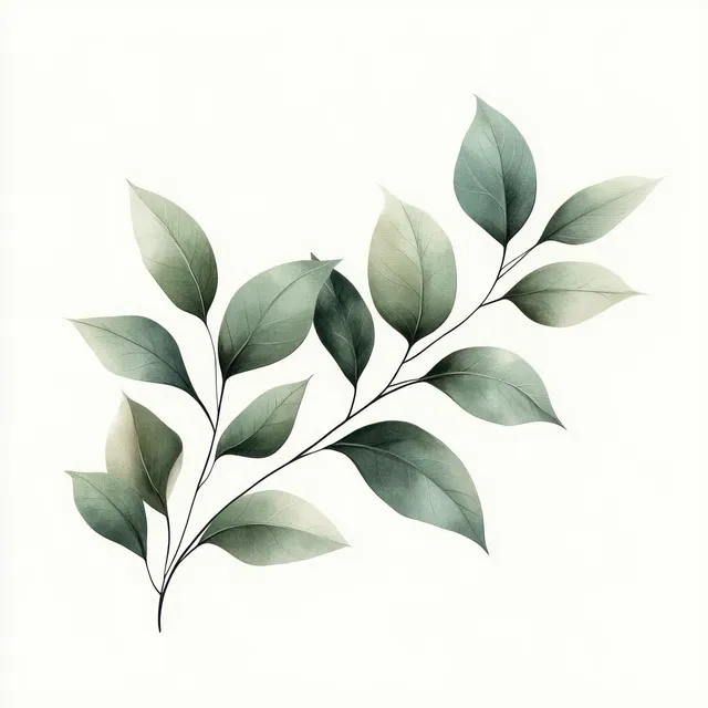 Watercolor green leaves branch with soft shading on a pale blank background.