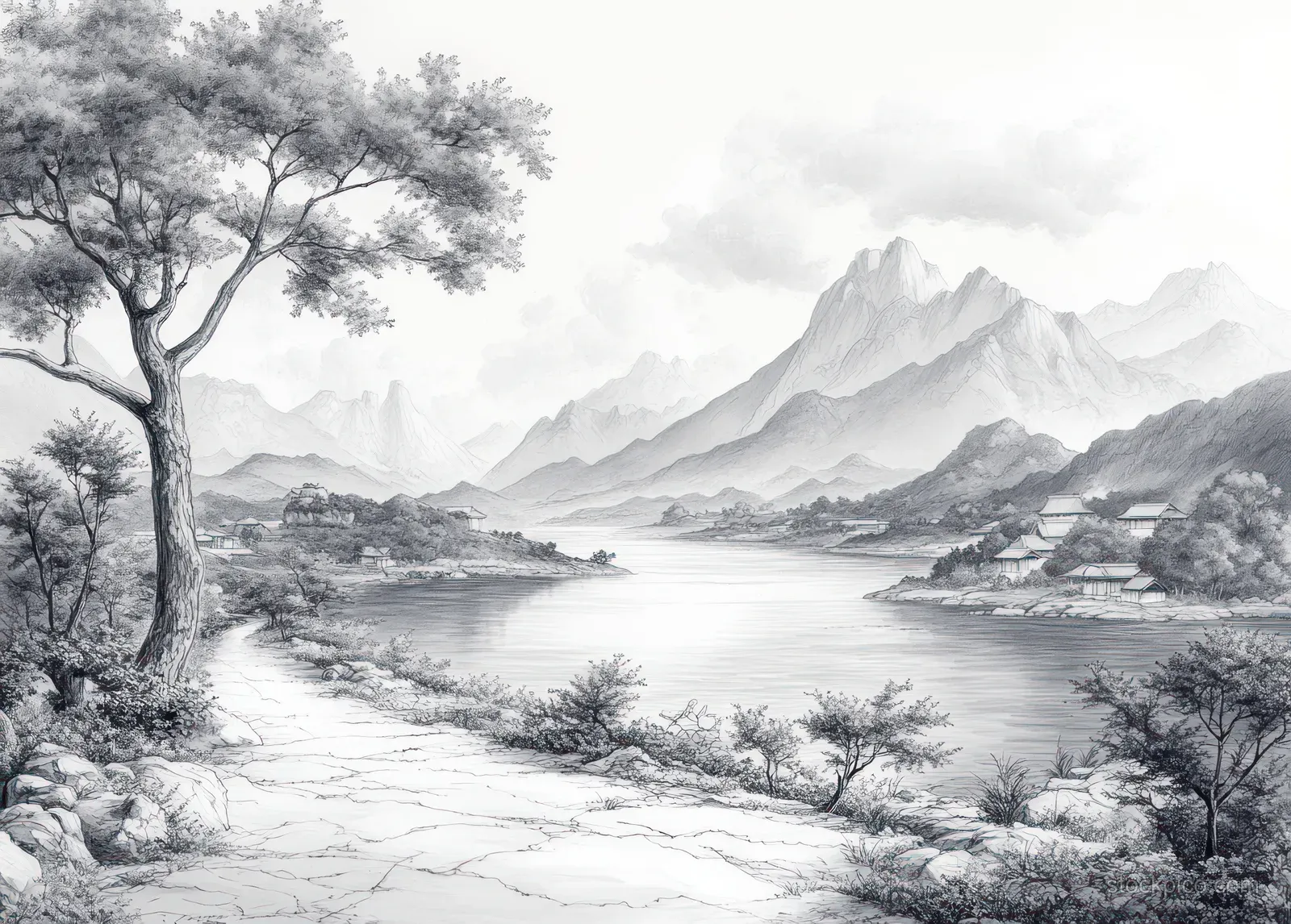 Monochrome ink drawing of a quiet riverside with distant mountains, small houses, and misty sky reflections.