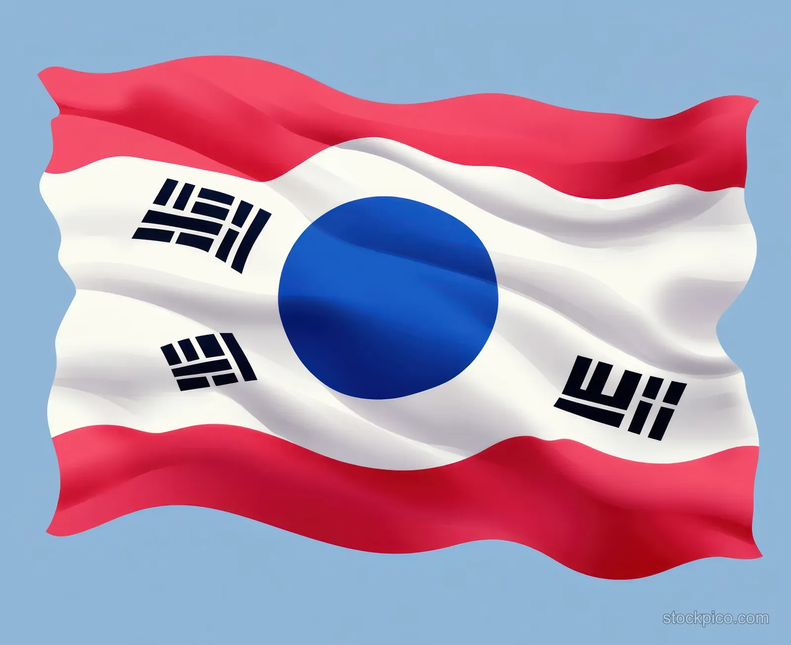 Waving South Korea flag with a blue center circle and four black trigrams across red and white stripes.