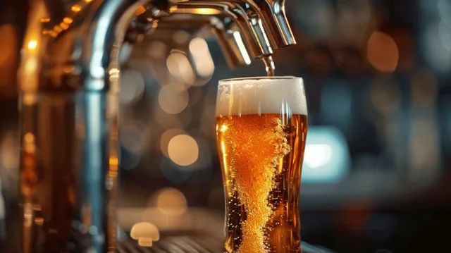 Amber beer with foamy head pours from a chrome bar tap into a pint glass while the background stays softly blurred.