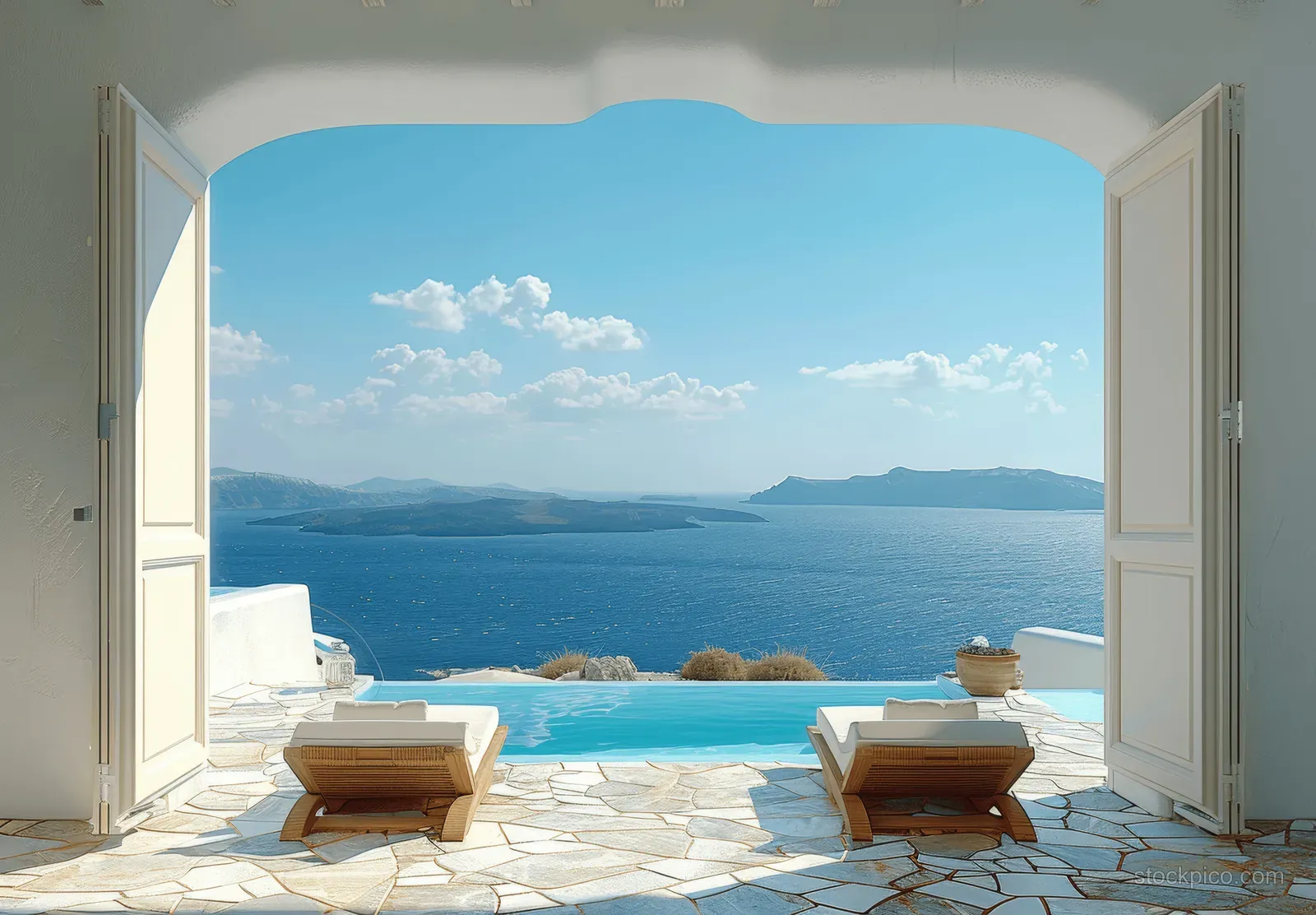 Open white doorway leads to a Greek terrace with sunbeds and a small pool overlooking the blue sea and islands.