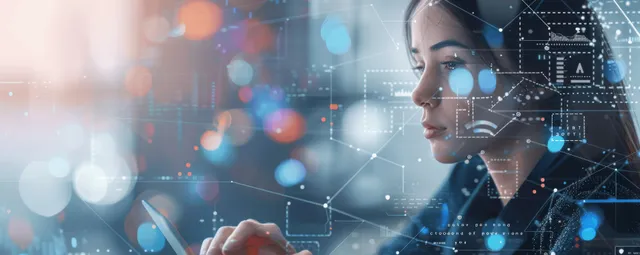 Woman analyzing digital data network with glowing cybersecurity interfaces