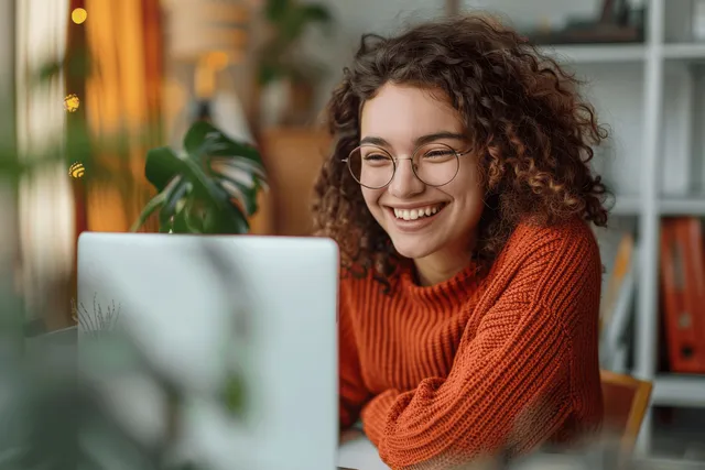 Smiling woman with glasses using laptop in cozy home office