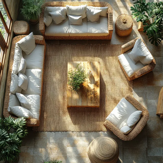 Overhead view of a tropical living room with rattan seating, a wooden coffee table, indoor plants, and sunlight on a rug.