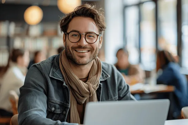 Smiling businessman works on laptop in modern office while colleagues collaborate behind