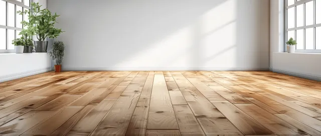 Empty minimalist room interior with light wood parquet flooring, white walls, and soft sunlight from windows.