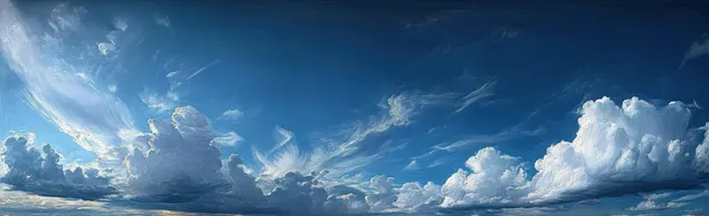 Panoramic blue sky shows towering fluffy clouds and thin wispy streaks across the horizon.