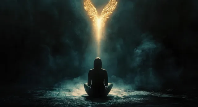 A man kneels praying in darkness as a glowing fiery dove of the Holy Spirit hovers overhead.