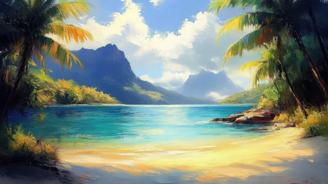 Palm-lined tropical lagoon beach at sunrise, golden reflections on turquoise water