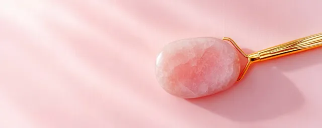 Pink jade facial roller and gua sha stone rest on a soft pink fabric background with subtle shadows.