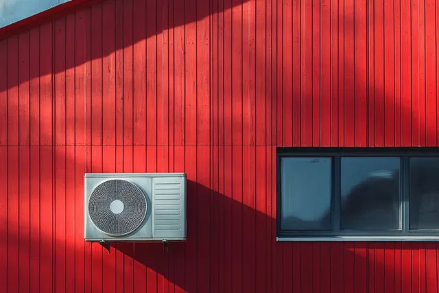 Wall-mounted air conditioner and three-pane window on a red vertical wood panel facade under sunlight shadows.