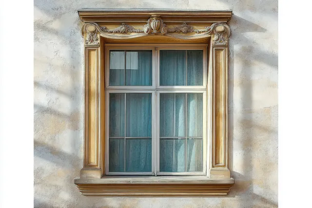 A decorative classic window with a beige frame and blue curtains is set against a textured light wall with soft shadows.