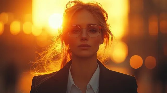 Businesswoman walking through downtown at sunset with glowing golden city lights behind