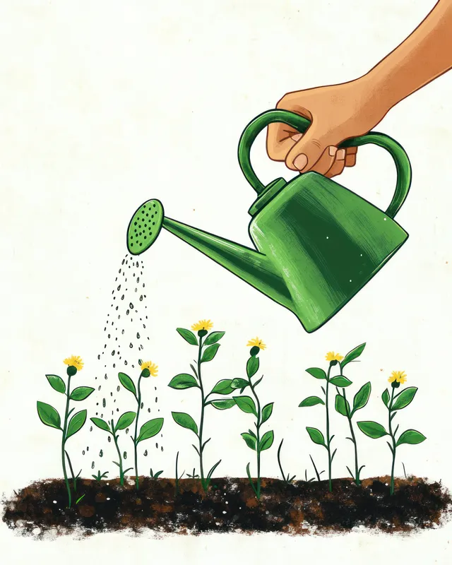 A hand waters young green seedlings with a green watering can, with water droplets falling onto dark soil.