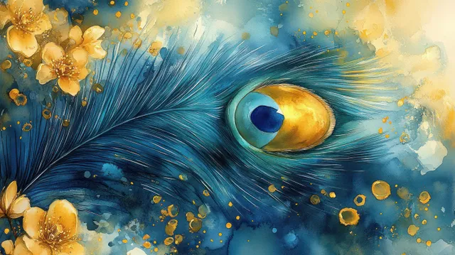 Peacock feather close-up with golden eye spot, watercolor splashes, and flower accents