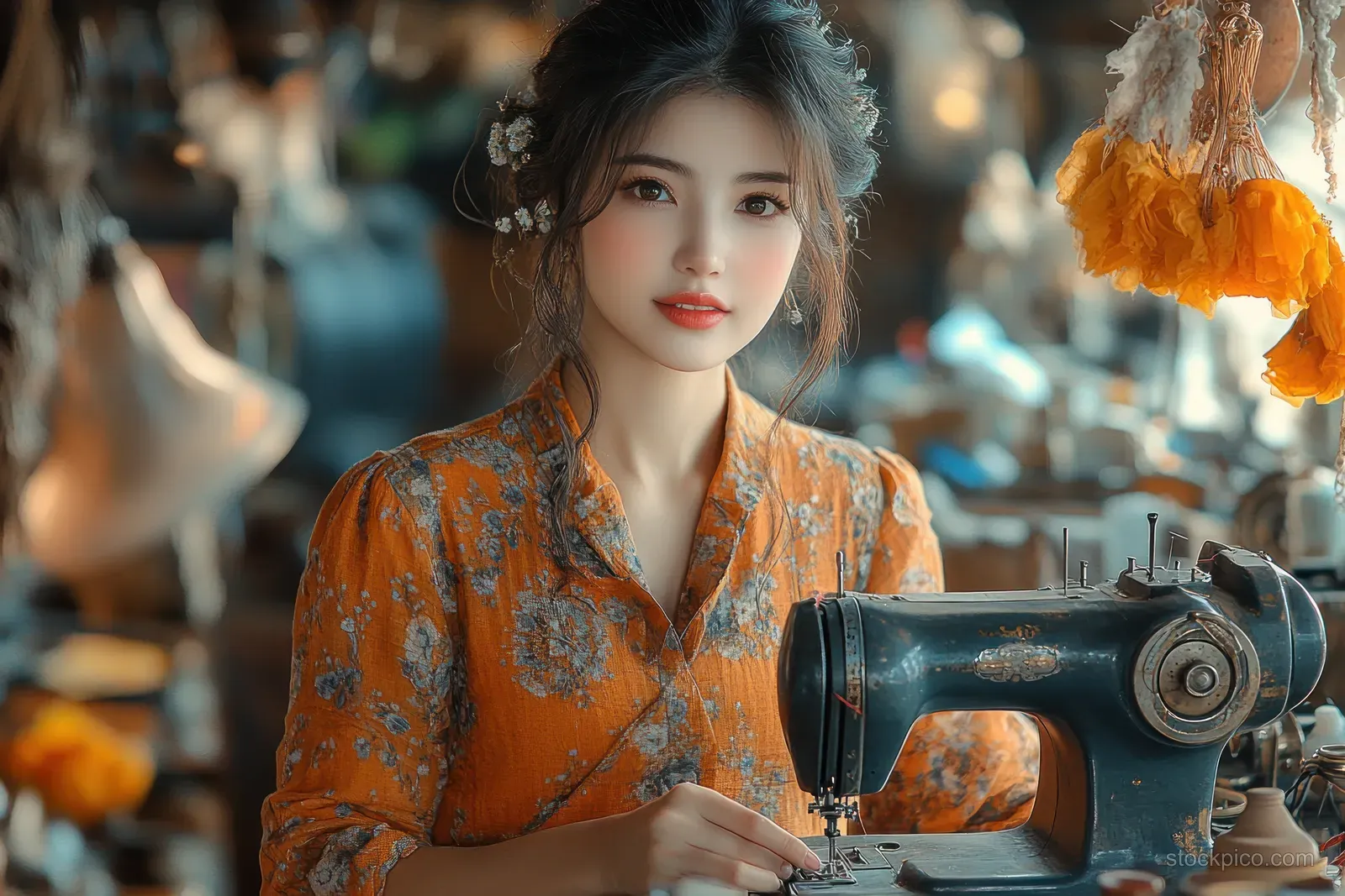 An Indian woman sews on a vintage sewing machine while wearing an orange patterned saree.