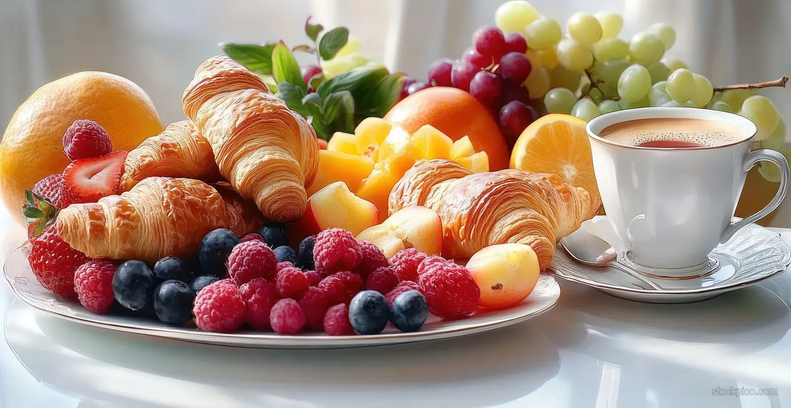 Golden croissants, mixed berries, grapes, and peach slices sit on a plate beside a white cup of coffee.