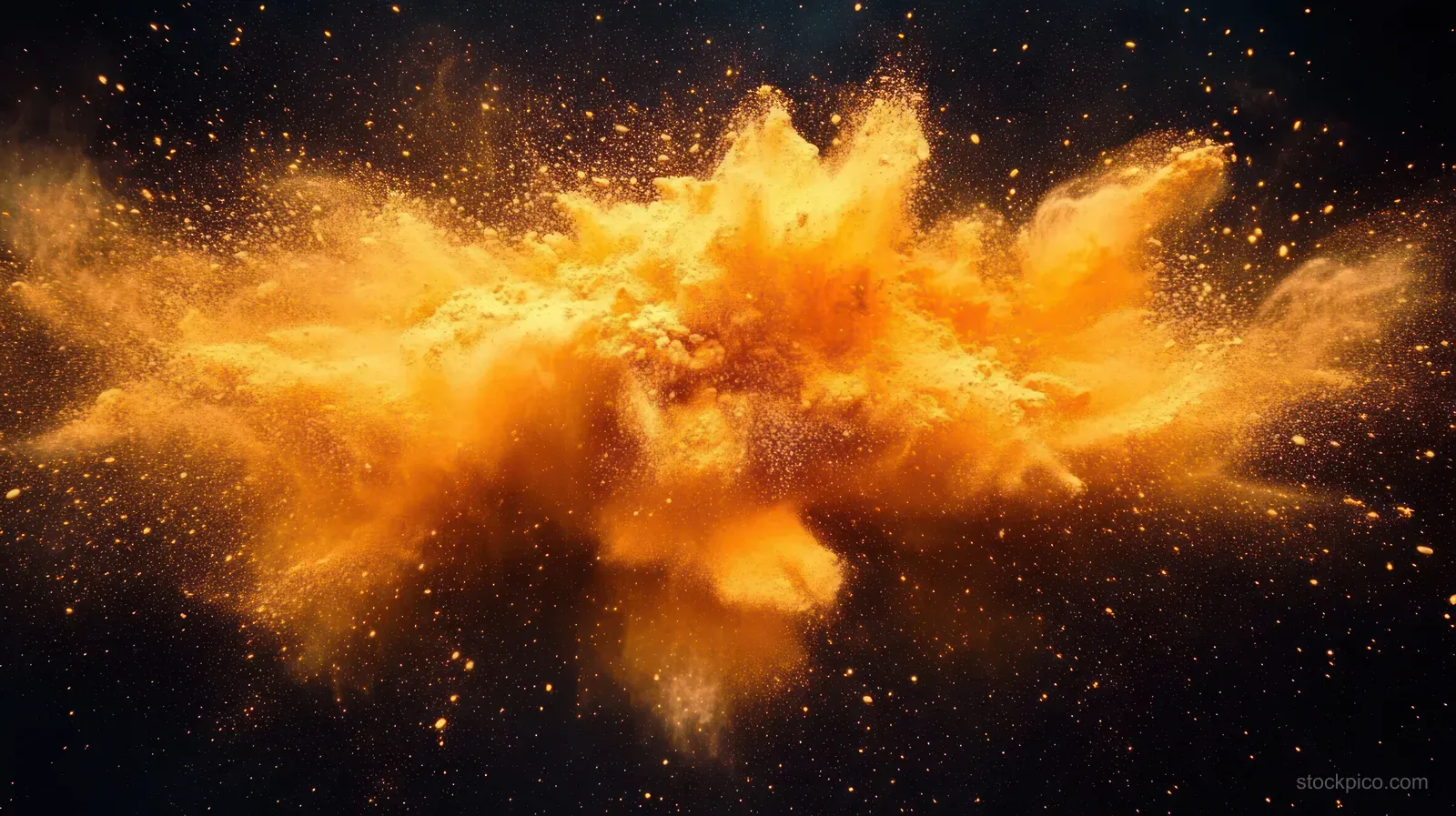 Orange powder explodes into a swirling cloud of fine particles over a dark black background.