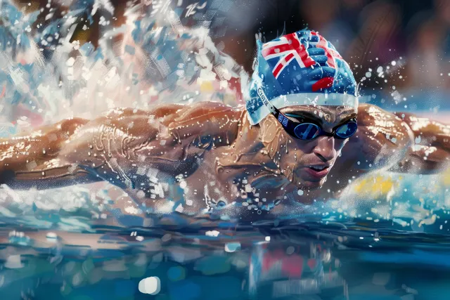Male freestyle swimmer splashes toward the finish in a pool while a blurred crowd watches behind him.
