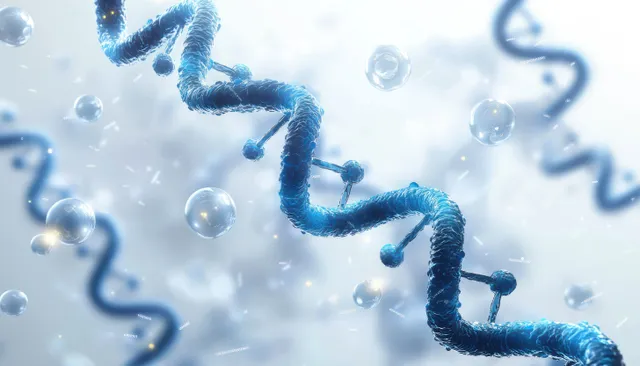 Blue 3D DNA helix twists through a background of floating glowing spheres in a science visualization.