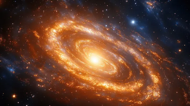 A glowing spiral galaxy with golden core, swirling orange dust arms, and distant blue stars in dark space.