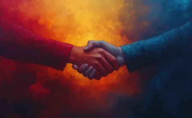 Two hands shake in a minimalist composition with dramatic lighting over a smoky monochrome background.