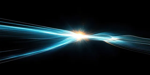 Glowing light source sending blue and white energy streaks across a dark space, motion blur