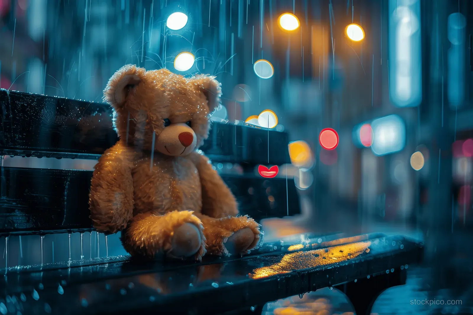 Lonely teddy bear sits on a wet bench in the rain beside puddles and blurred city lights.