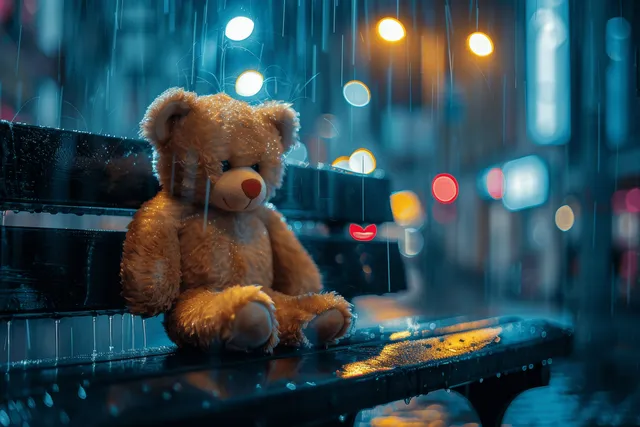 Lonely teddy bear sits on a wet bench in the rain beside puddles and blurred city lights.