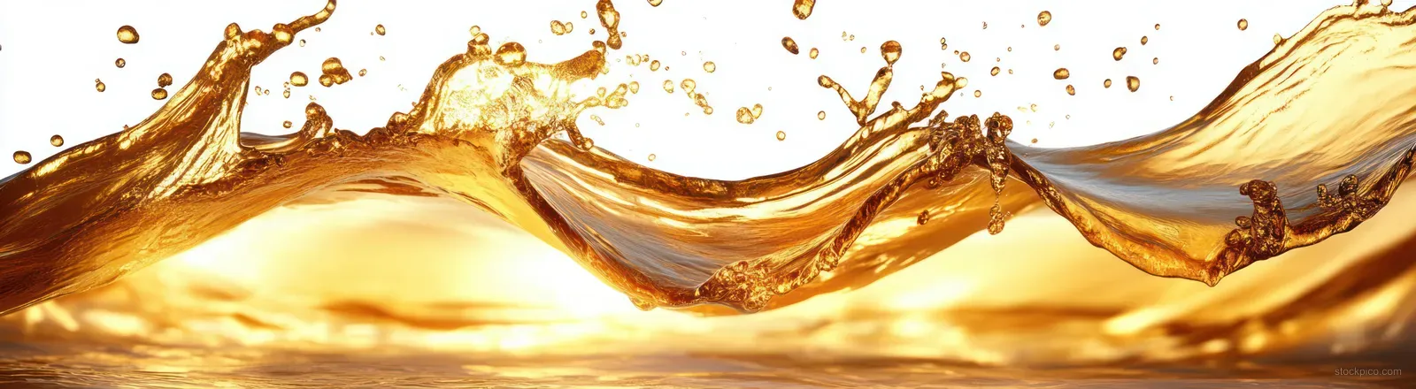 Golden liquid splash arcs across a bright white background with droplets suspended.