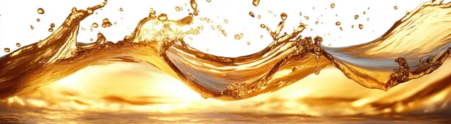 Golden liquid splash arcs in midair against a clean white backdrop