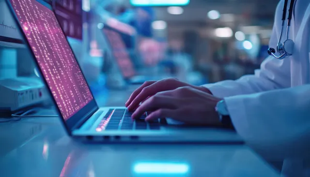 Clinician typing patient records on a glowing laptop in a hospital while other staff blur in the background.