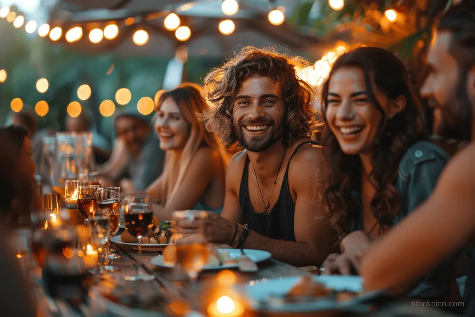 Friends smile and laugh at an outdoor dinner table as warm string lights glow behind them at sunset.
