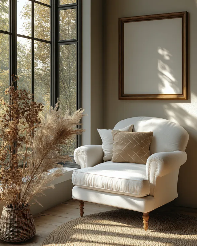 Scandinavian living room corner with armchair, geometric cushions, and sunlit window shadows