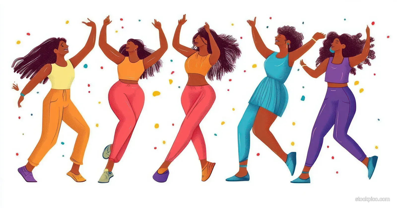 Five diverse women dance with raised arms, smiling as colorful confetti falls around them.