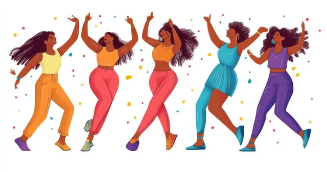 Five diverse women dancing together with raised arms as confetti bursts around them