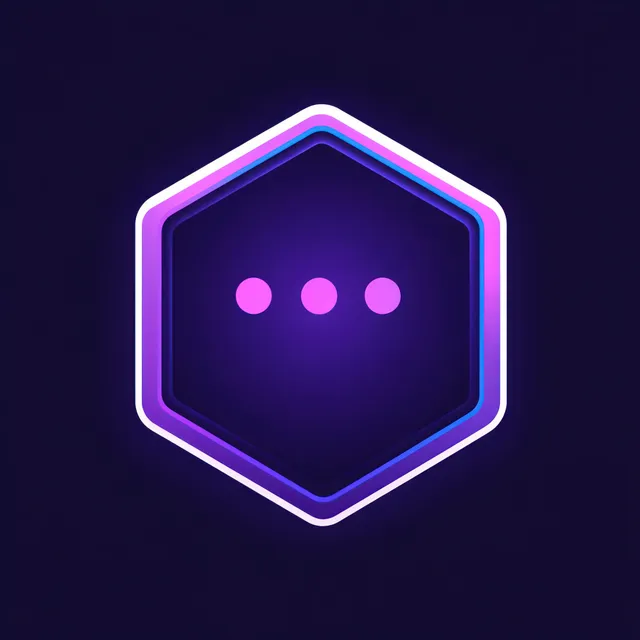 Futuristic hexagon icon with glowing purple-blue border around three pink dots